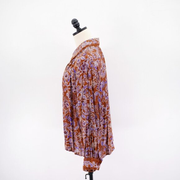 Democracy Collared Button Front Brown Blue Floral Lace Lined Shirt 1X Top Rayon - Picture 5 of 9